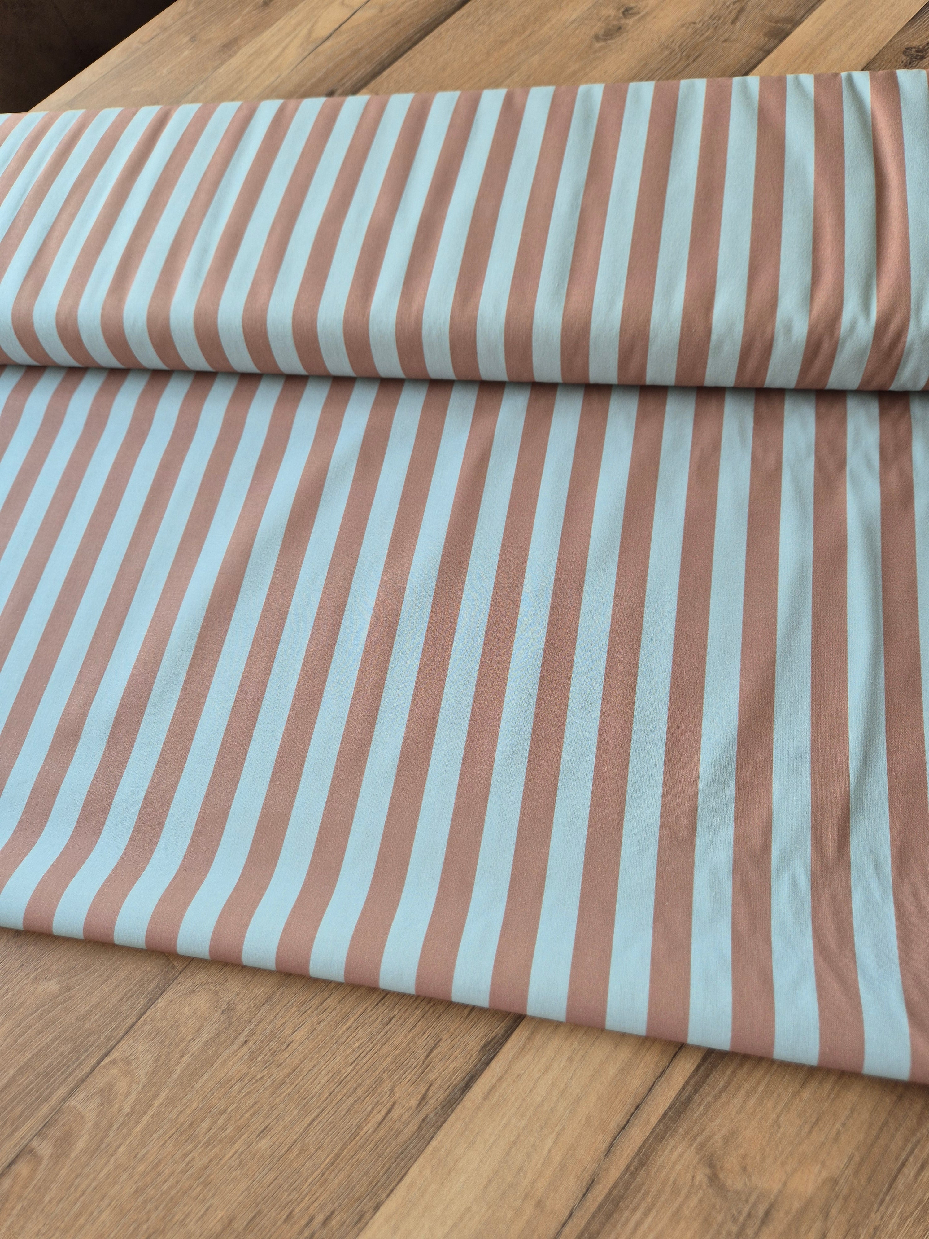 Tela de Algodón 100% de Rayas de 1,5 cm – Marrón y Turquesa